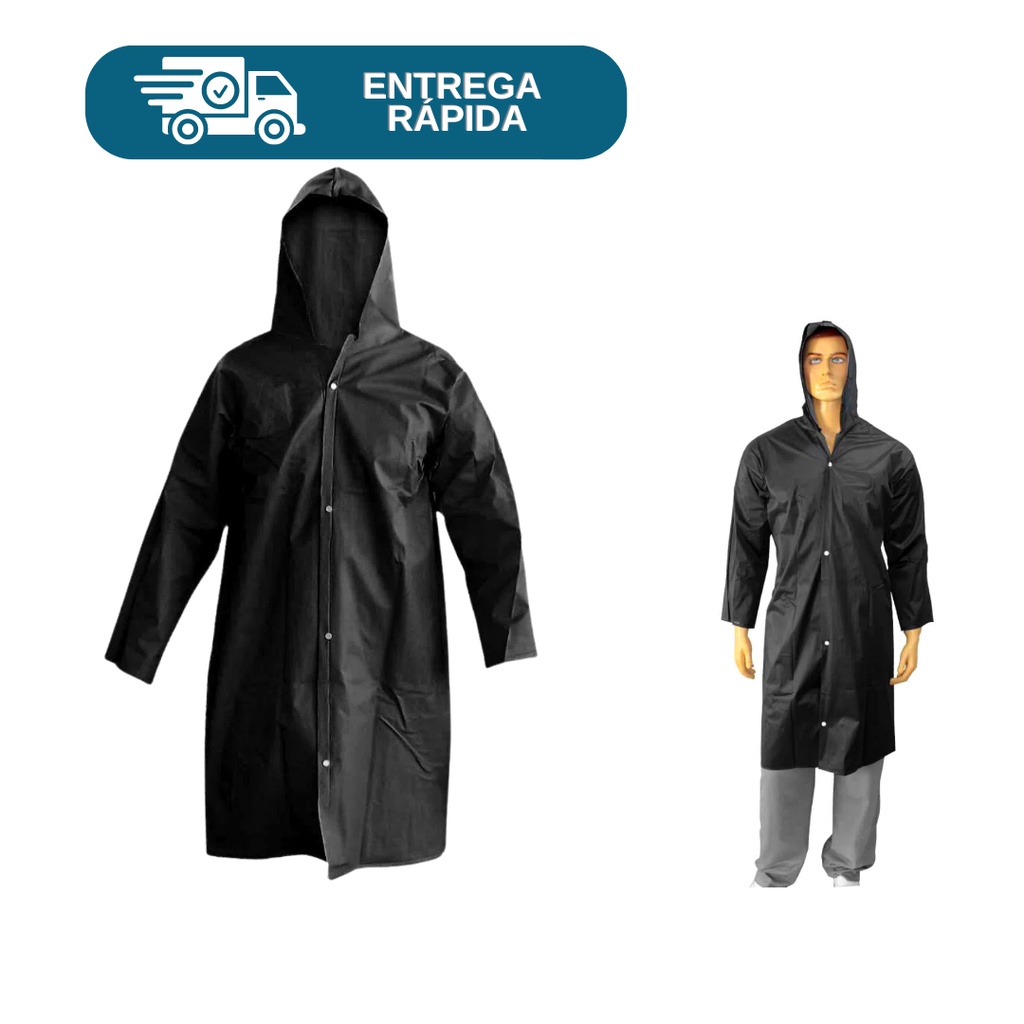 Capa De Chuva Preta Impermeável Forrada PVC Com Capuz Resistente Proteção EPI