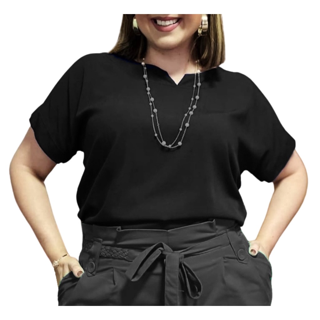 Blusa Plus Size Social Feminina Manga Curta Soltinha Tecido Viscolinho ...