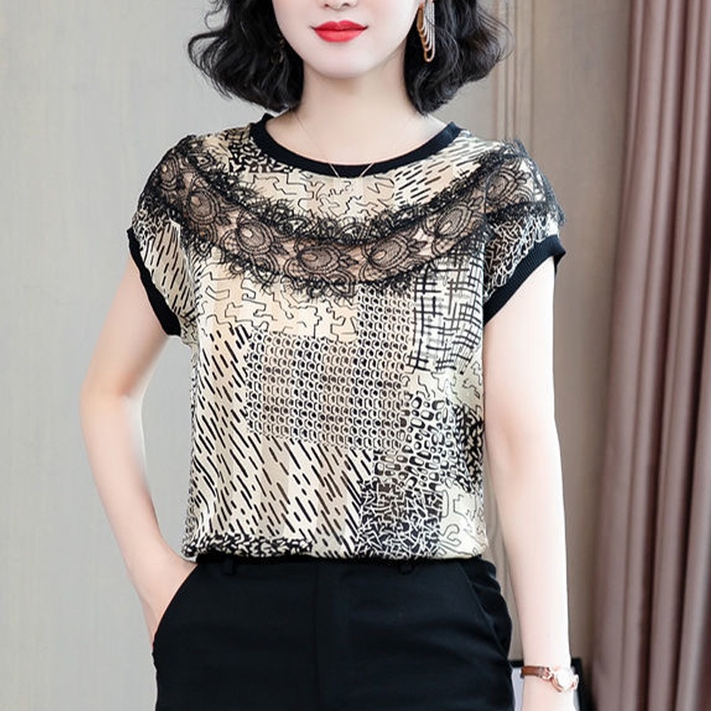 Manga Curta Impressa Chiffon Top Moda Feminina