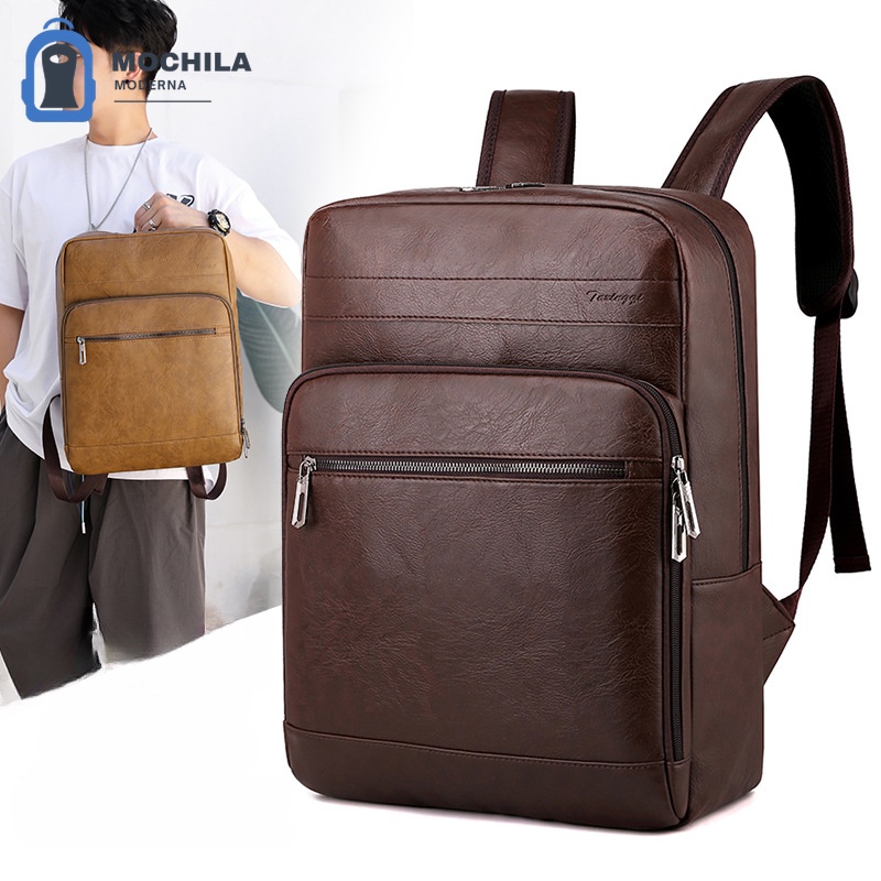 Mochila De Couro Vintage PU Para Homens Com Compartimentos Multifuncionais E Grande Capacidade , Bolsa Laptop Empresarial Escolar Fashionable