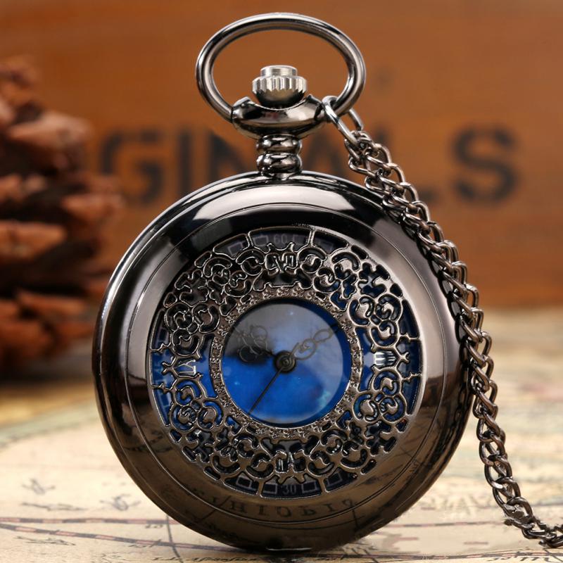 Relógio De Bolso Starry Blue Dial Pocket Watch Numerais Romanos Pingente De Bronze Caixa Oca Steampunk Vintage Colar Pendurado