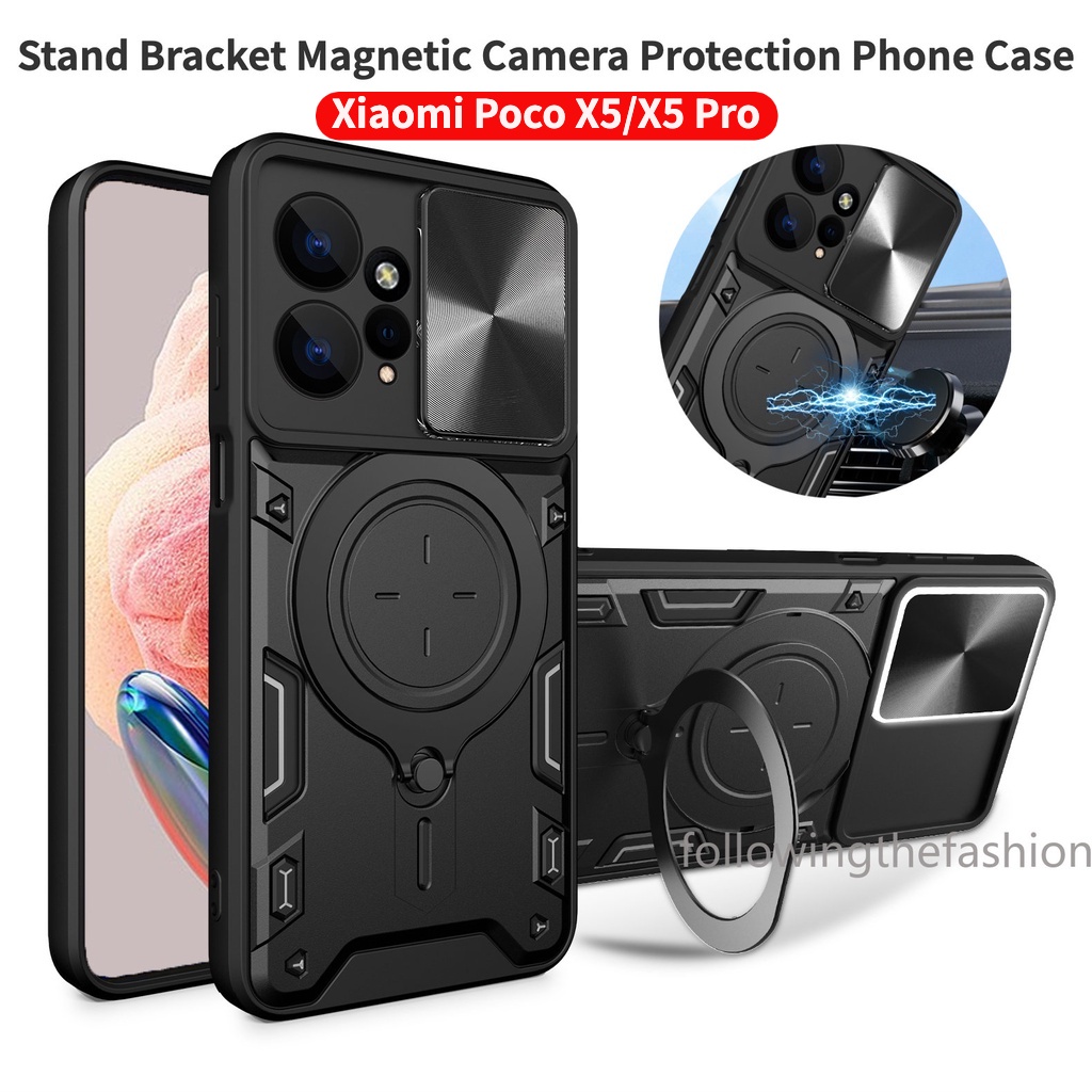 Capa Para Xiaomi Poco X5 Pro 5G 2023 Armadura Carro Magnético Com Suporte De Anel Proteção Da Lente Câmera Capa Traseira À Prova De Choque Anti Impacto Capinha Phone Case