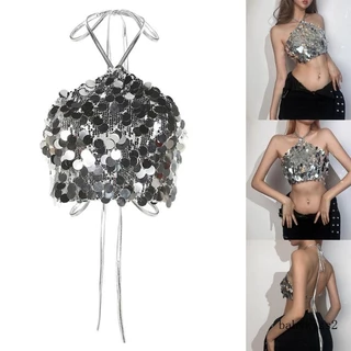 Bab Women Lantejoulas Prata Crop Top Tie Backless Camisole Vest Para Par Boate