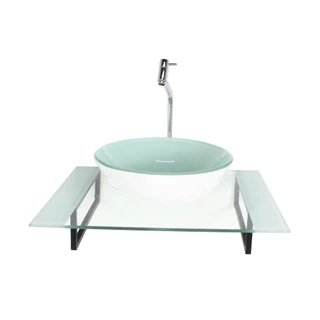 KIT CUBA DE VIDRO REDONDA COM TAMPO 60CM BRANCO E SUPORTE PRETO