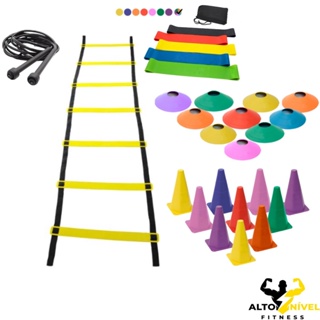 Kit Treino Funcional Agilidade Escada 7 Degraus + 10 Cones + 10 Chapéu Chinês + Kit 5 Faixa Mini Band + Corda de Pular Pvc