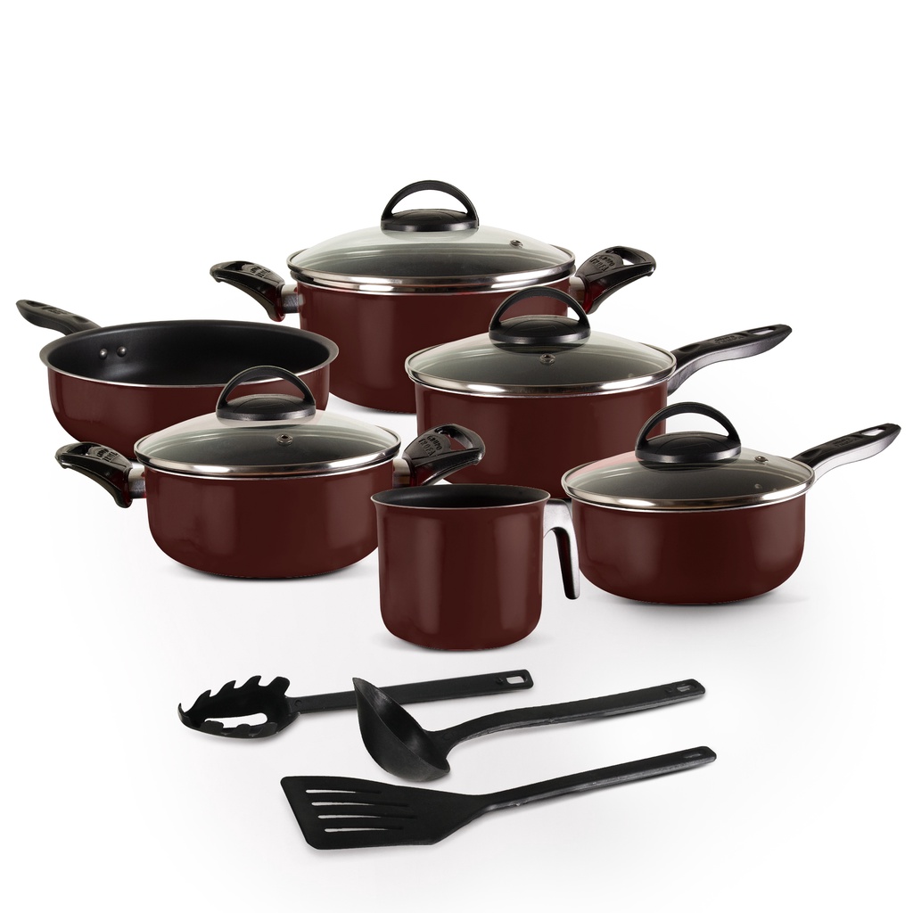 Jogo de Panelas 09 Peças Cobre Antiaderente c/ Tampa de Vidro + Utensílios