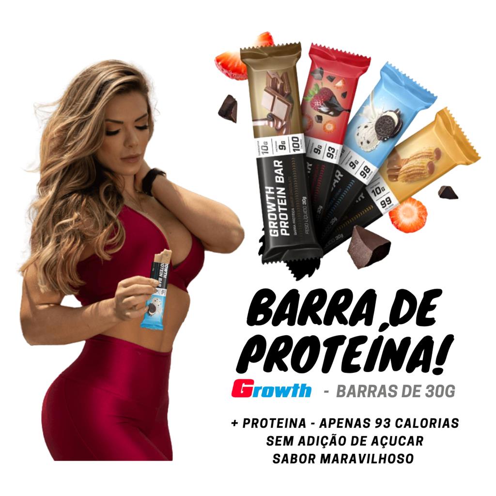 Barra de Proteina Barrinha Cereais Whey Bar Growth Caixa 12 Unidades Varios sabores Chocolate Morango Churros Dieta academia suplemento perder peso emagrecer Sortida