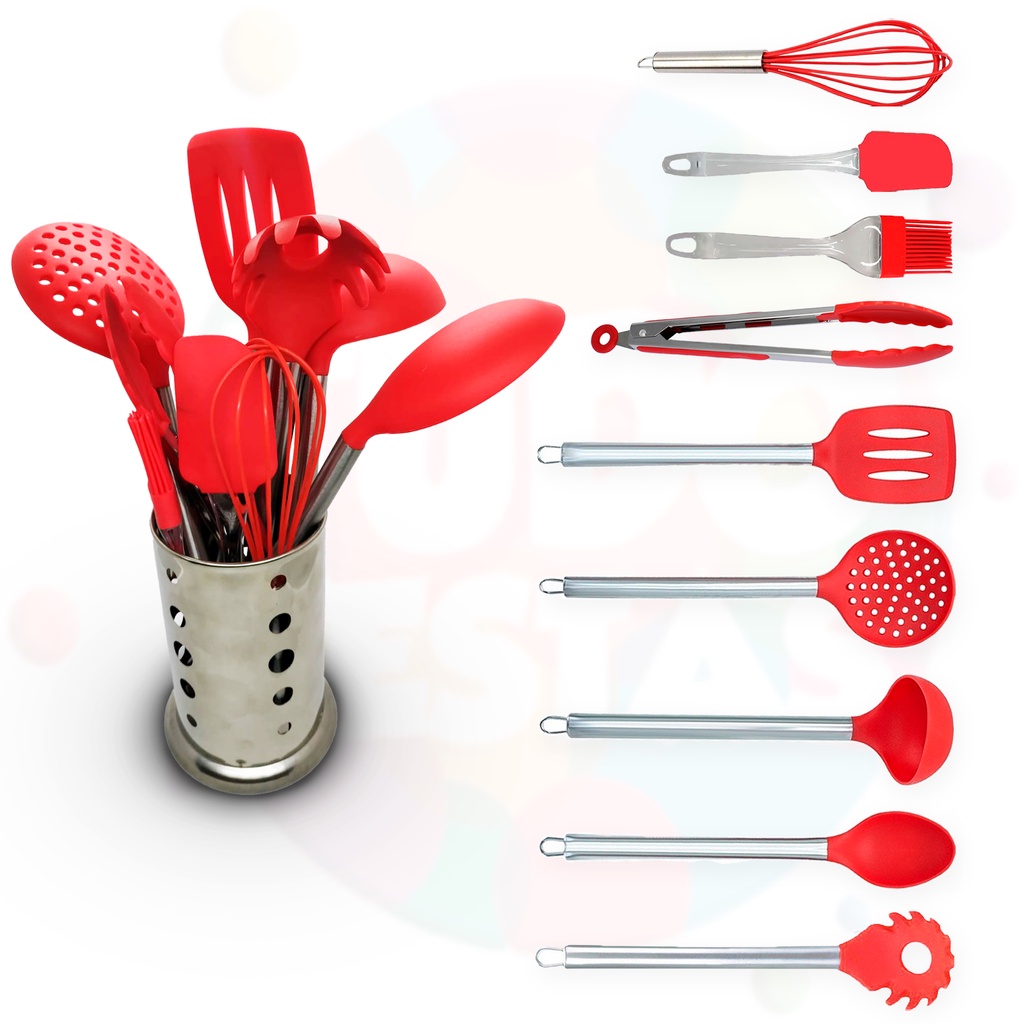 Kit Jogo Utensílios Colheres Silicone Cabo Inox 10 Peças Com Porta Talheres