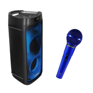 Microfone Azul Com Fio Profissional P10 + Caixa De Som Bluetooth Beatbox 1100