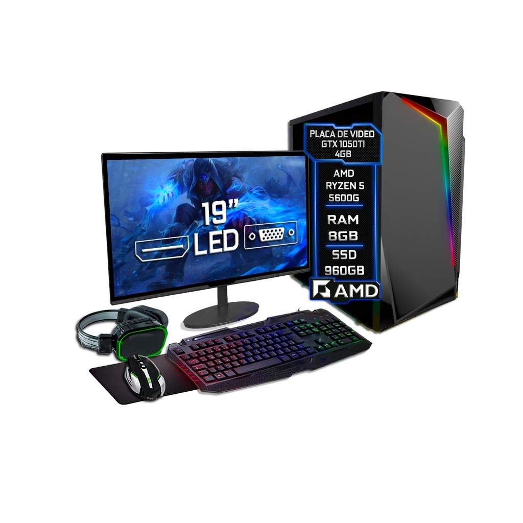 PC Gamer Completo Fácil AMD Ryzen 5 5600G 3.9Ghz 8GB 3000MHz DDR4 GTX 1050ti 4GB SSD 960GB - 500w - Monitor 19" Kit