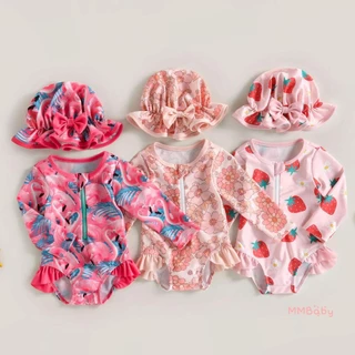 Mbaby-Toddler Fato De Banho Girl Rash Guard , De Manga Comprida Strawberry Print + Chapéu De Sol