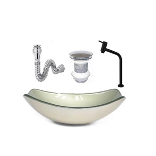CUBA DE VIDRO OVAL CHANFRADA 46CM CHAMPANHE + VALVULA + TORNEIRA METAL PRETA + SIFAO