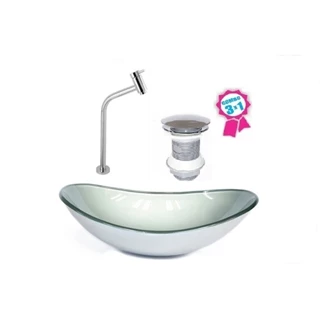 CUBA DE VIDRO OVAL 55CM PRATA VALVULA CLICK TORNEIRA METAL