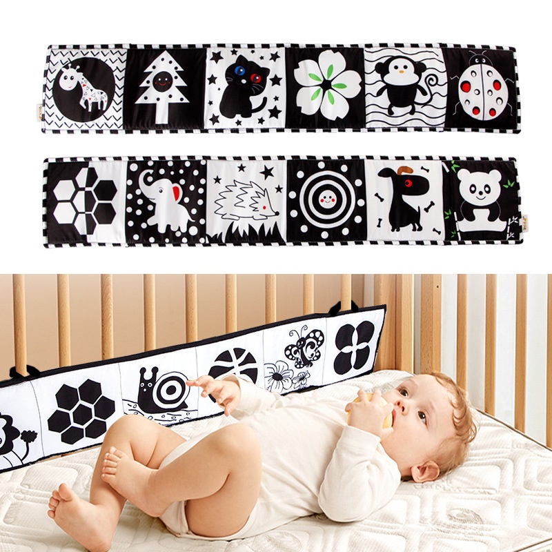Livro de pano macio do bebê, livro preto e branco de alto contraste, brinquedo puzzle infantil lavável e sensor abdominal