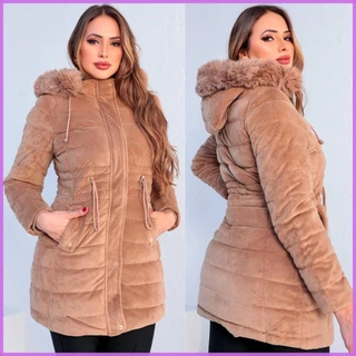 Parka Jaqueta Feminina de Veludo Peluciada Premium Com Capuz