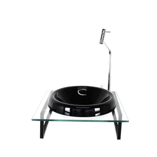 GABINETE COM CUBA DE VIDRO CHAPEU 10MM PRETA COM TAMPO 40CM INCOLOR MAIS TORNEIRA METAL CROMADA