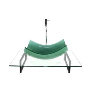 KIT CUBA DE VIDRO RETANGULAR CURVADA VERDE COM TAMPO 60CM INCOLOR E SUPORTE TORNEIRA VALVULA