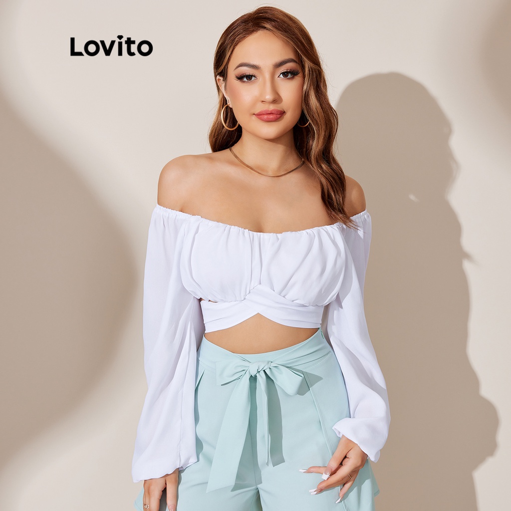 Lovito Casual Blusa Lisa de Amarrar Tomara que Caia L25LD061 (Branco)