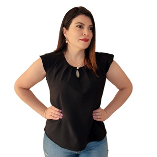 Blusa Básica de Crepe Manga Curta Decote Gota Roxa