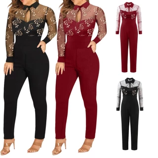 Macacão Macaquinho Longo Feminina Manga Longa Glitter Malha Patchwork Preto Slim Elegante Casual Festa