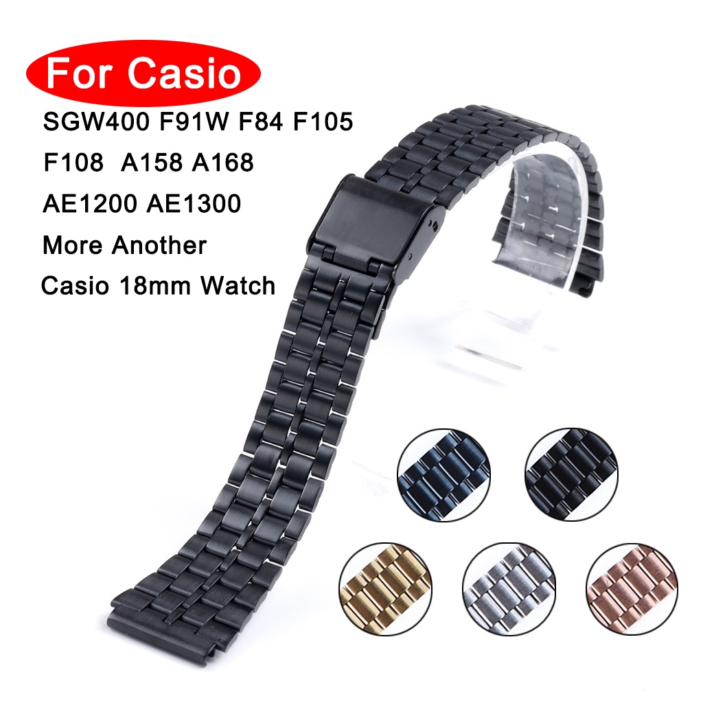 Pulseira De Relógio De 5 Contas De Aço Inoxidável 18mm Para Casio SGW400 F91W F84 F105 F108 A158 A168 AE1200 AE1300 Clássica De Metal Quadrado Pequeno