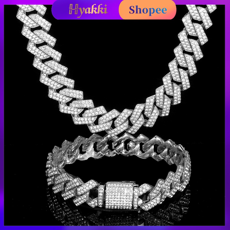 HYAKKI Colar com pulseira masculino De Hip Hop Ice Cadeia Cubana corrente cravejada Paved Rhinestones colar masculino Ouro Miami Curb Corrente Prata