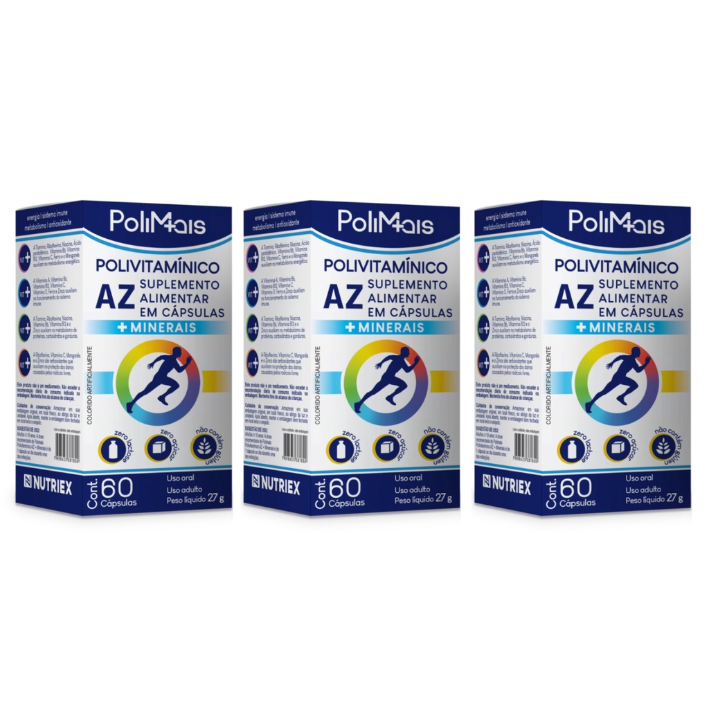 Polimais A-Z 60 Capsulas Zero Lactose Imunidade Energia e Metabolismo Kit com 3 und