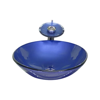 CUBA DE VIDRO REDONDA 31CM AZUL ESCURO + VALVULA + TORNEIRA CASCATA