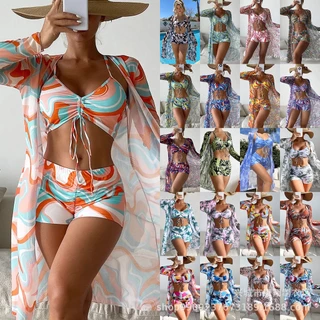 2024 Biquíni europeu americano feminino/conjunto de três peças dividido cintura alta blusa de manga comprida camisa de b