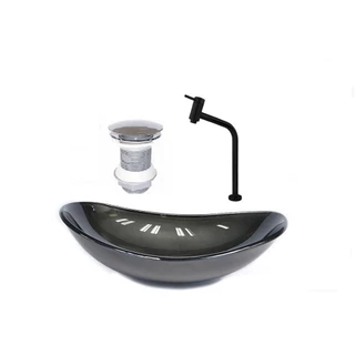 CUBA DE VIDRO OVAL 55CM GRAFITE VALVULA TORNEIRA PRETA
