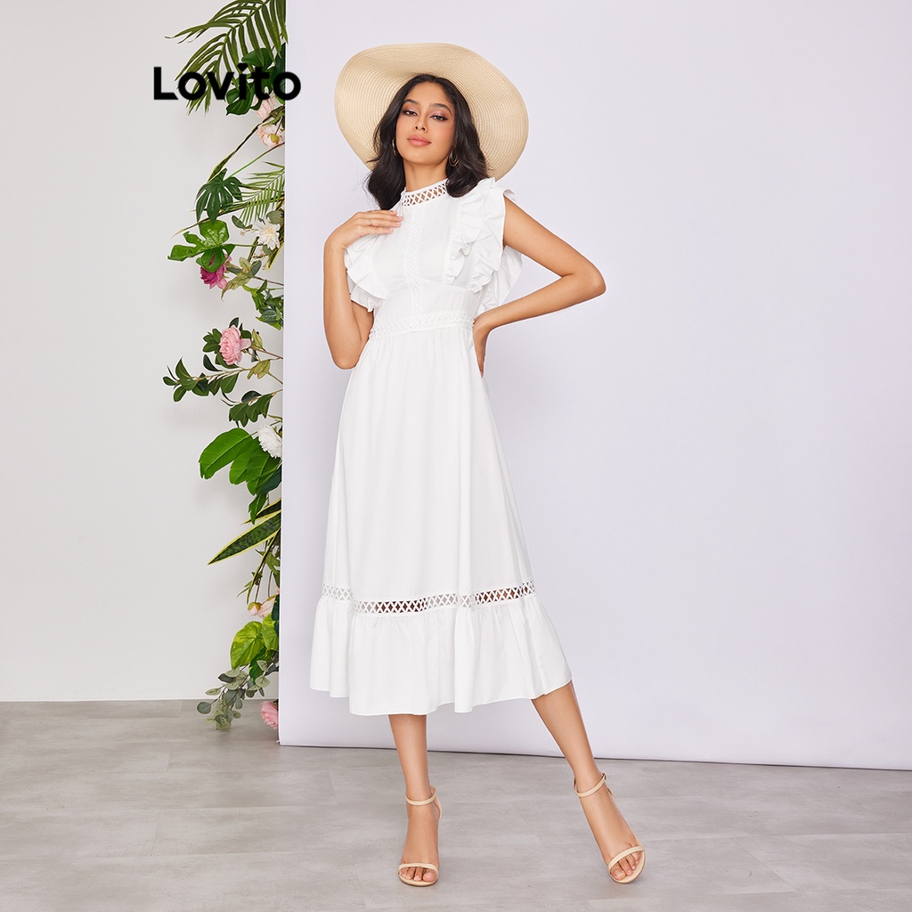 Lovito Vestido Feminino Casual Com Babados E Costura De Renda LBE02102 (Branco)