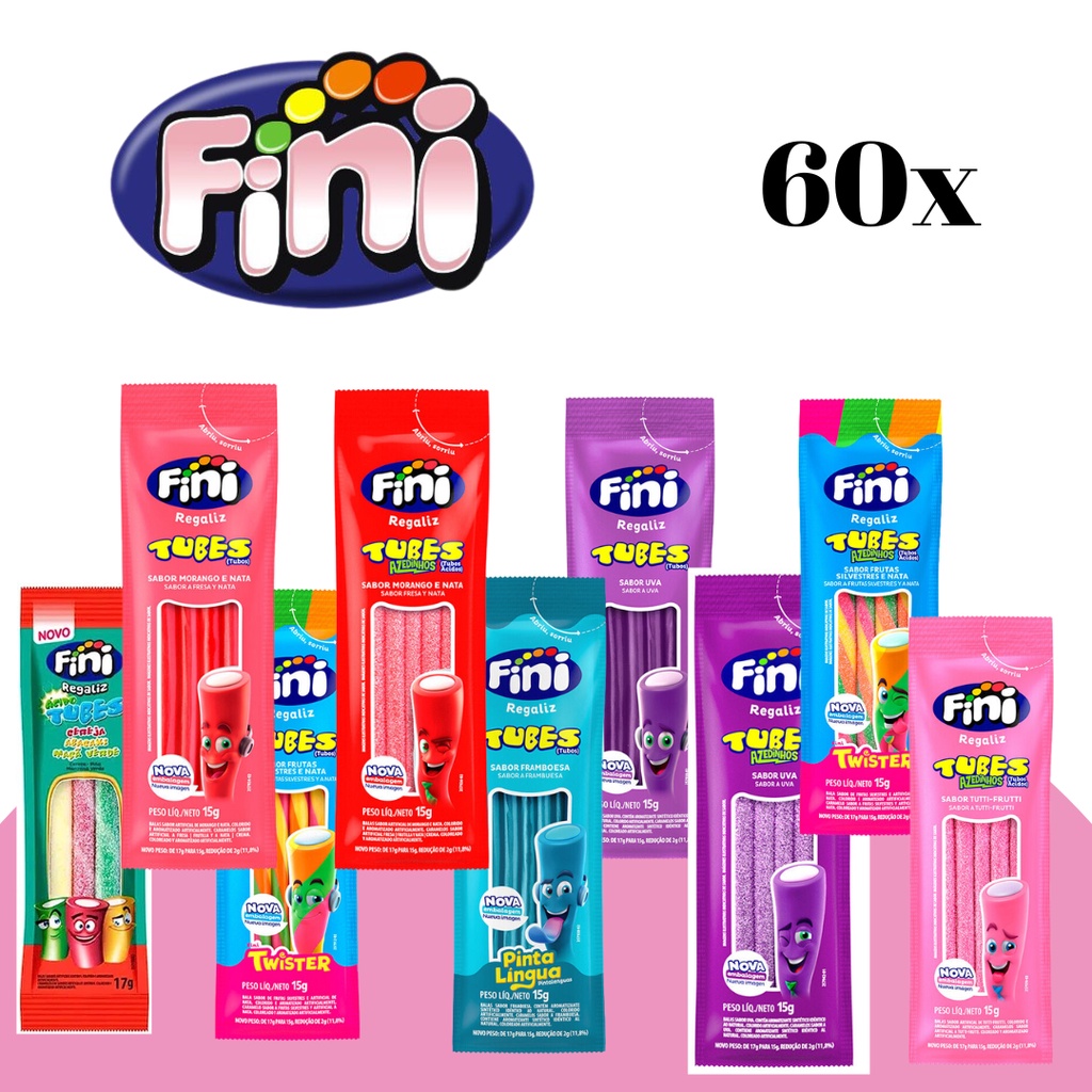 Kit 60un Bala Fini Tubes Sortido, Bala Doce, Bala Cítrica 15g - Fini