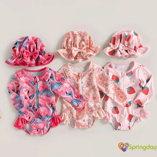 gdI-Maiô com Estampa de Morango para Bebês Meninas, Manga Longa, com Chapéu de Sol