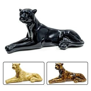 Pantera Negra Escultura Em Cerâmica Decorativa Deitada Elegante 55x26