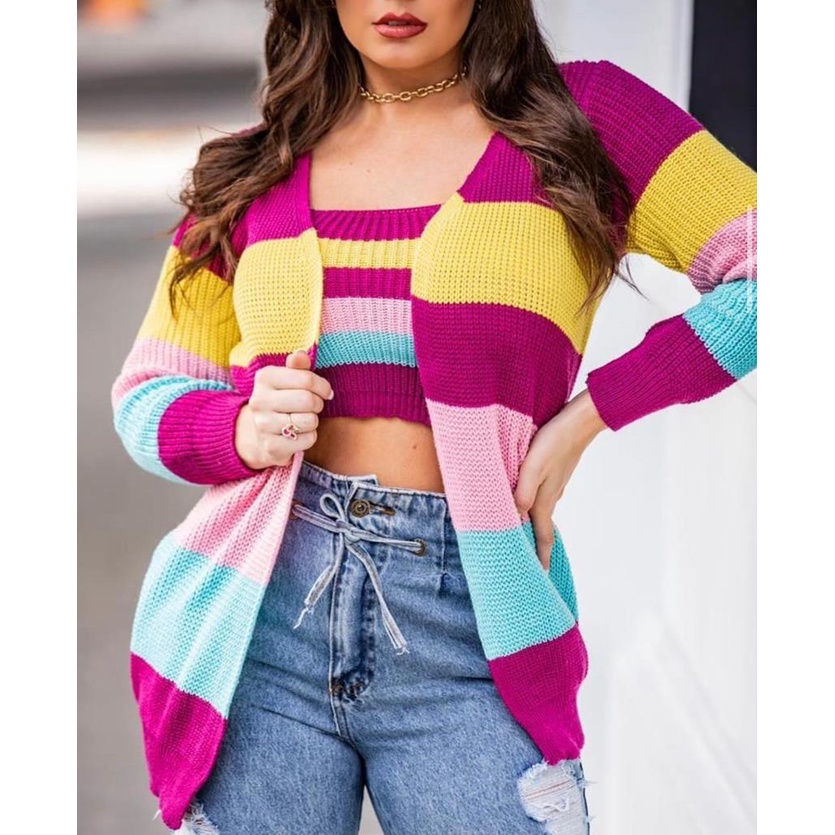 Conjunto Feminino Twin Set Colorido Tricot Kimono + Cropped