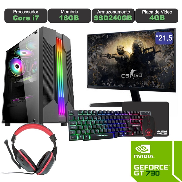 PC Gamer Completo I7, 16GB RAM, GTX 1050TI 4GB, HD 1TB + Monitor 21.5 +  Kit Gamer Teclado, Mouse e Headset, Hayom, Enifler, Enifler