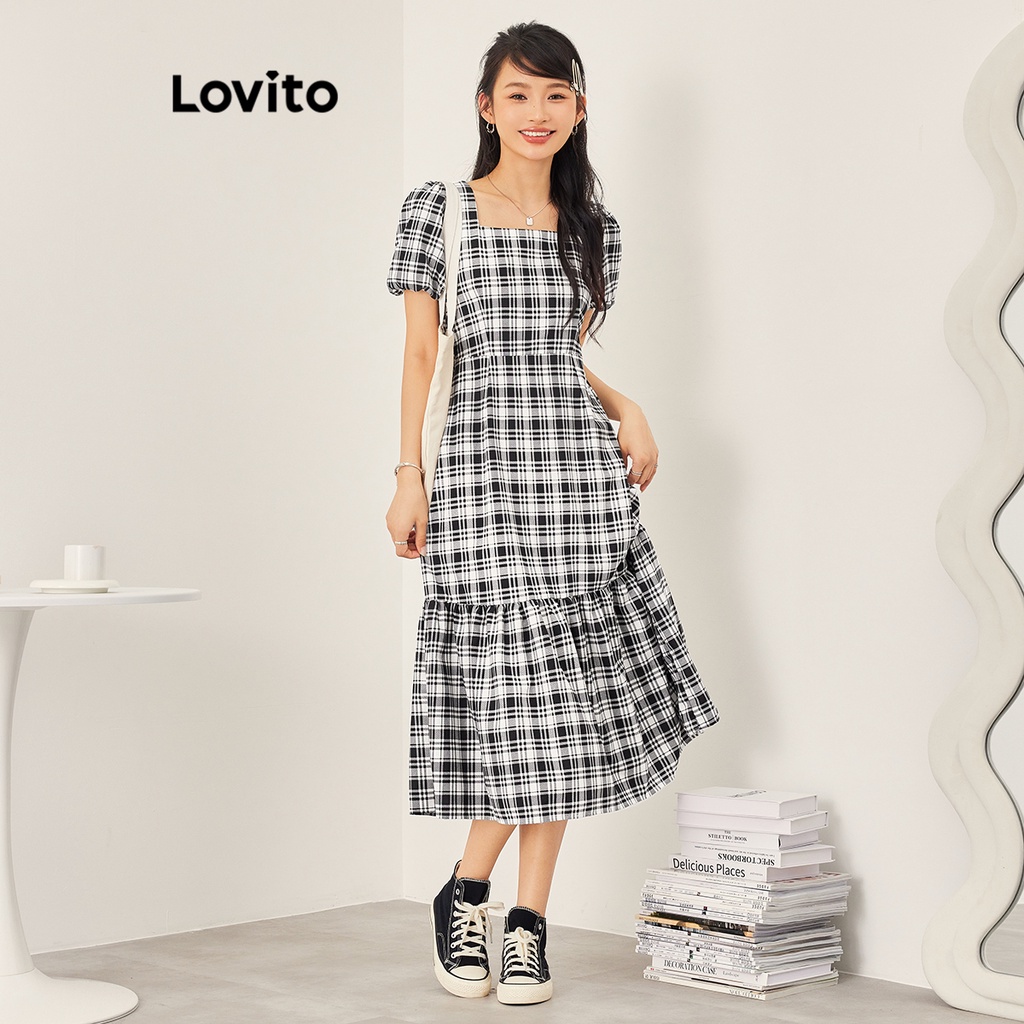 Lovito Casual Vestido Feminino Xadrez Evasê Midi de Manga Curta com Babado e Estampa L53AD048 (Preto e Branco)