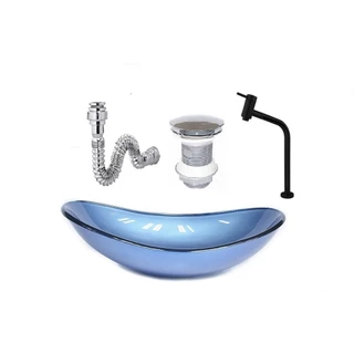 CUBA DE VIDRO OVAL 47CM AZUL + VALVULA + TORNEIRA PRETA + SIFAO