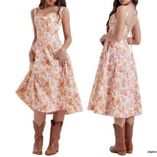 DAS-Women Sling Dress Sleeveless Vestido Sem Mangas Com Flor Impressão Fenda Midi Para Festa