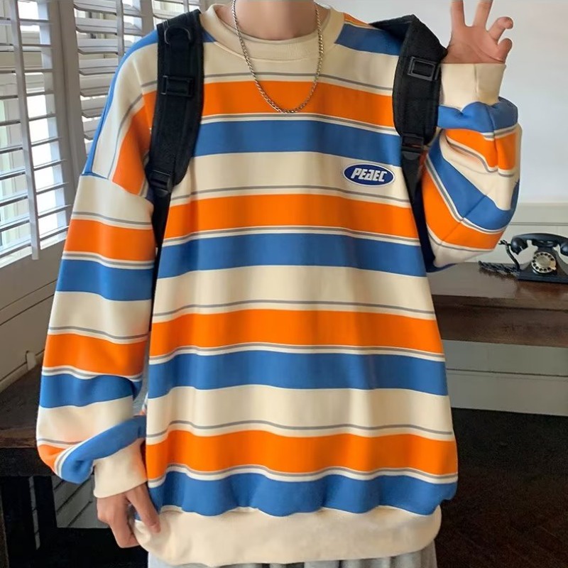 Moda Coreana Unisexo Tendência Listrado Laranja Vestimenta Masculina Manga Longa Camisola De Pescoço Casal Camiseta De Inverno Branca