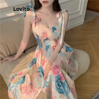 Lovito Casual Floral Decote Quadrado Sem Manga Gravata Vestido Midi Flare Para Mulheres LNE02199 (Rosa)