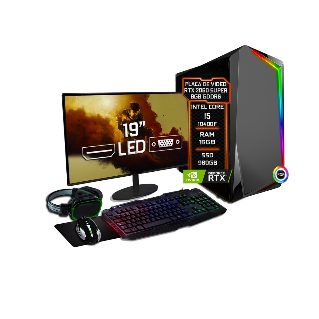 PC Gamer Completo Fácil Intel Core i5 10400F (10ª Geração) 16GB DDR4 RTX 2060 Super 8GB SSD 960GB - Monitor 19" Kit Game