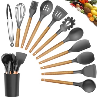 Kit C/12 Utensílios De Cozinha Silicone Cabo Madeira