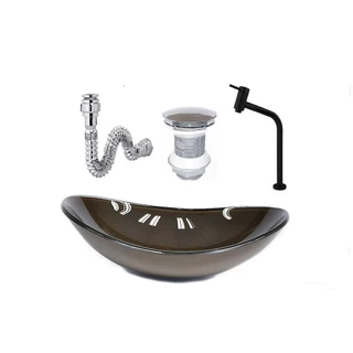 CUBA DE VIDRO OVAL 47CM MARROM + VALVULA + TORNEIRA PRETA + SIFAO