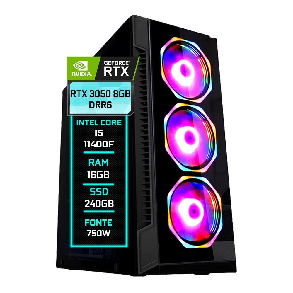 PC Gamer Fácil Intel core I5 11400F ( 11ª Geração) 16GB DDR4 RTX 3050 8GB GDDR6 SSD 240GB - Fonte 750w