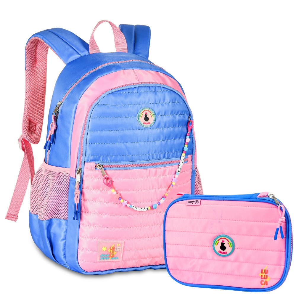 Kit Mochila de Costas e Estojo Oficial LULUCA Azul com Rosa | Shopee Brasil