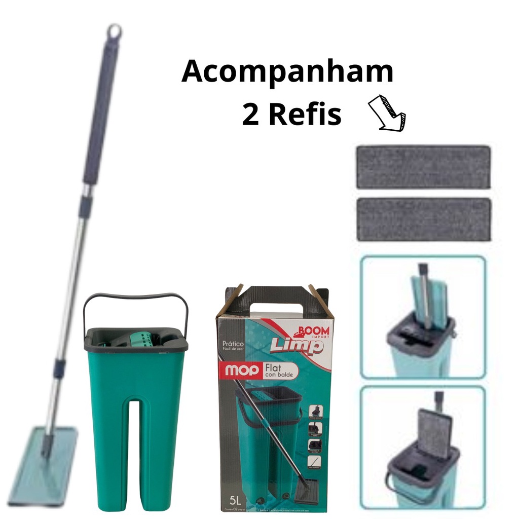 Mop Flat Esfregão Balde Lava e Seca Rodo 5L com 2 refis com Cabo extensível Inox
