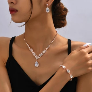 3Pcs/Set Conjunto De Jóias Das Mulheres Glitter Strass Colar Dangle Pulseira Brincos De Casamento Da Noiva Prateado Pescoço Pingente Ear Decor Para Meninas