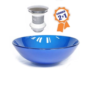 CUBA DE VIDRO REDONDA 31CM AZUL ESCURO + VÁLVULA CLICK