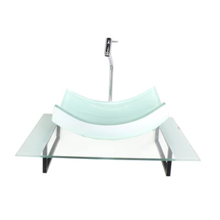 KIT CUBA DE VIDRO RETANGULAR CURVADA COM TAMPO 60CM BRANCO E SUPORTE TORNEIRA VALVULA